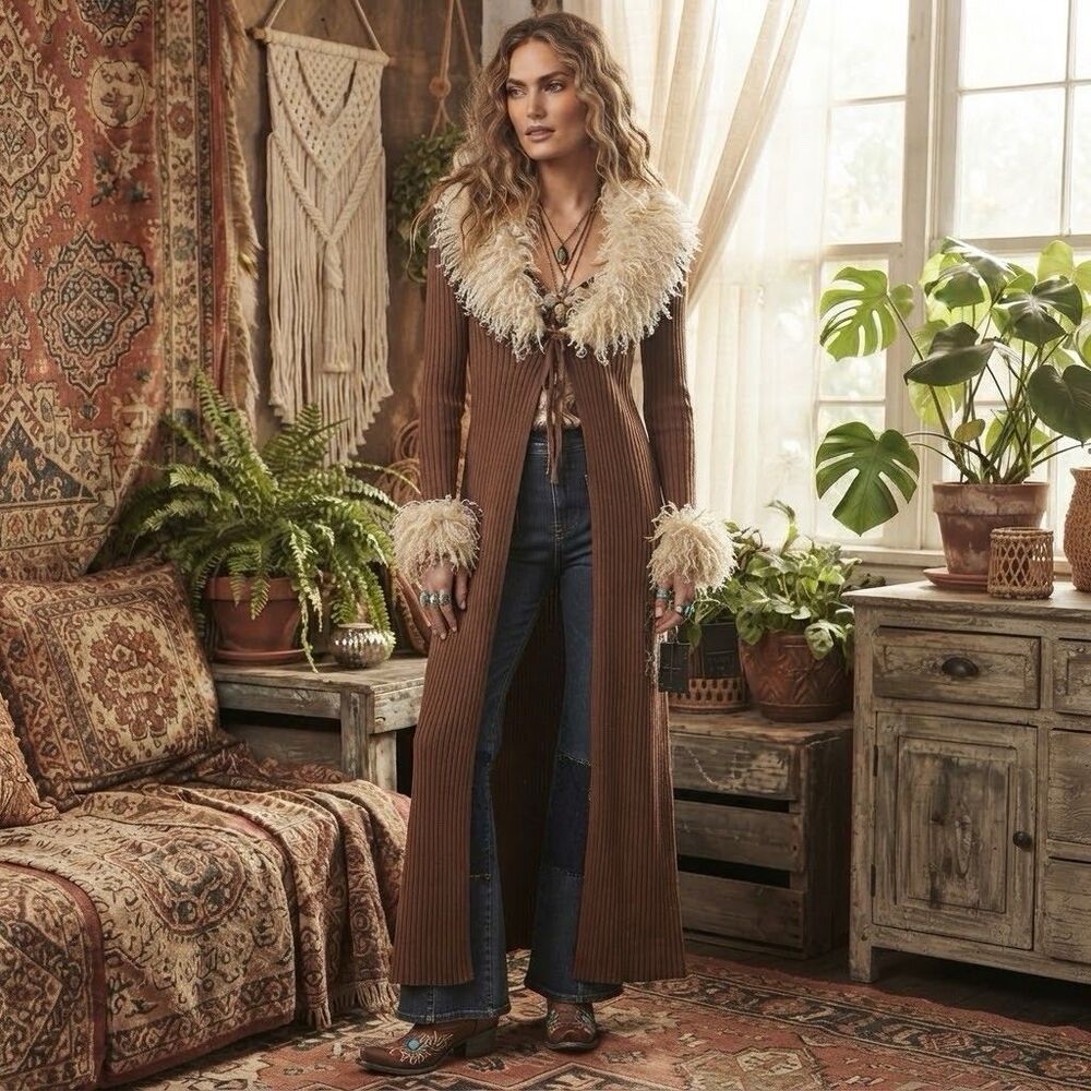 Haute Hippie Faux Fur Trim Ribbed Long Cardigan M Brown Duster Penny Lane 70s
